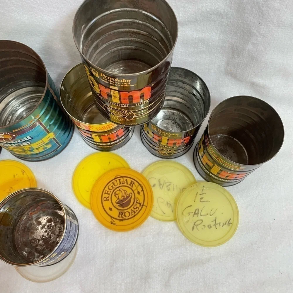 Vintage coffee cans from the 70s Brim, Maxwell House, Planters Peanuts 7 pieces
